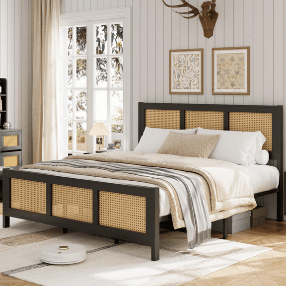Rattan Bed Frame with Wicker Headboard - Boho Platform Rattan Bed Frame with 14" Underbed Storage, No Box Spring Needed, 800lb Capacity & Noise-Free Design
