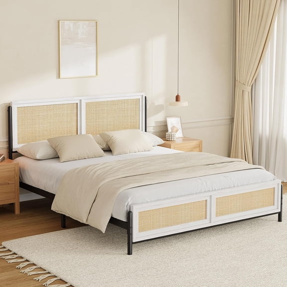 Rattan Bed Frame, Wooden Full Platform Bed with Natural Rattan Headboard and Footboard, Sturdy Iron Support, No Box Spring Needed, Easy Assembly, Noise-Free Rustic Boho Design,Full,White