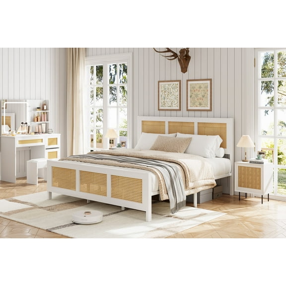 Cane Bed Frame with Headboard, Boho Cane Platform Bed Frame with Strong Metal Slat, Noise Free, No Box Spring Needed