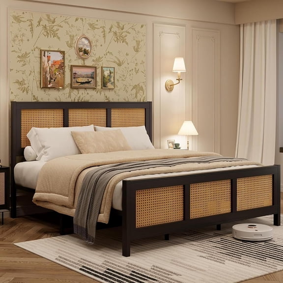 Rattan Bed Frame with Headboard, Boho King Size Bed Frame with Strong Metal Slats Support, No Box Spring Needed, Noise-Free Design, Black