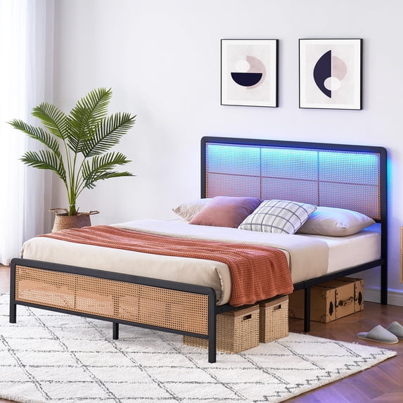 Rattan Bed Frame with LED Light & Storage, Woven Headboard, Boho Style Platform Bed for Mattress, No Box Spring Required