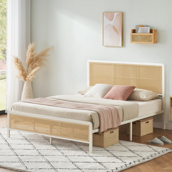 Rattan Bed Frame with Led Lights, Bed Frames with Natural Rattan Headboard, Silent Slats, No Box Spring Needed, Full/Queen Size