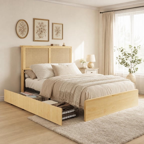 Rattan Bed Frame with Natural Rattan Headboard,Bed Frame with LED Lights, Wood Foundation with Silent Slats,No Box Spring Needed