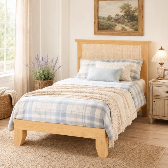 Rattan Bed Frame with Natural Rattan Headboard & LED Lights, Wood Bed Frame with Solid Wood Foundation, No Box Spring Needed, Natural