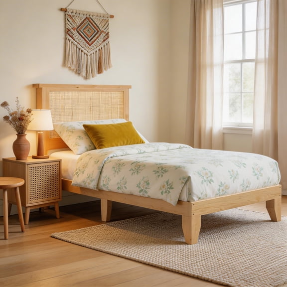 Rattan Bed Frame with Natural Rattan Headboard & LED Lights, Wood Bed Frame with Solid Wood Foundation, No Box Spring Needed, Natural
