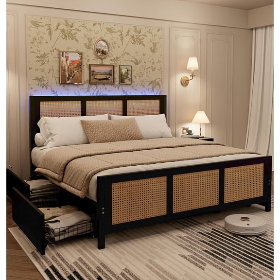Rattan Bed Frame with Storage Drawers, Boho King Size Led Bed Frame with Strong Metal Slats Support, No Box Spring Needed, Noise-Free Design, Black