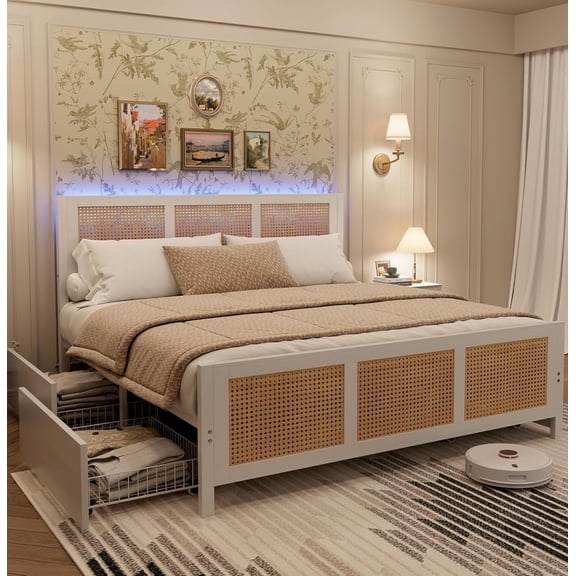 Rattan Bed Frame with Storage Drawers, Boho King Size Led Bed Frame with Strong Metal Slats Support, No Box Spring Needed, Noise-Free Design, White