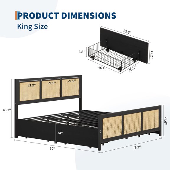Rattan Bed Frame with Storage Drawers, Size Led Bed Frame with Strong Metal Slats Support, No Box Spring Needed, Noise- Design, Black