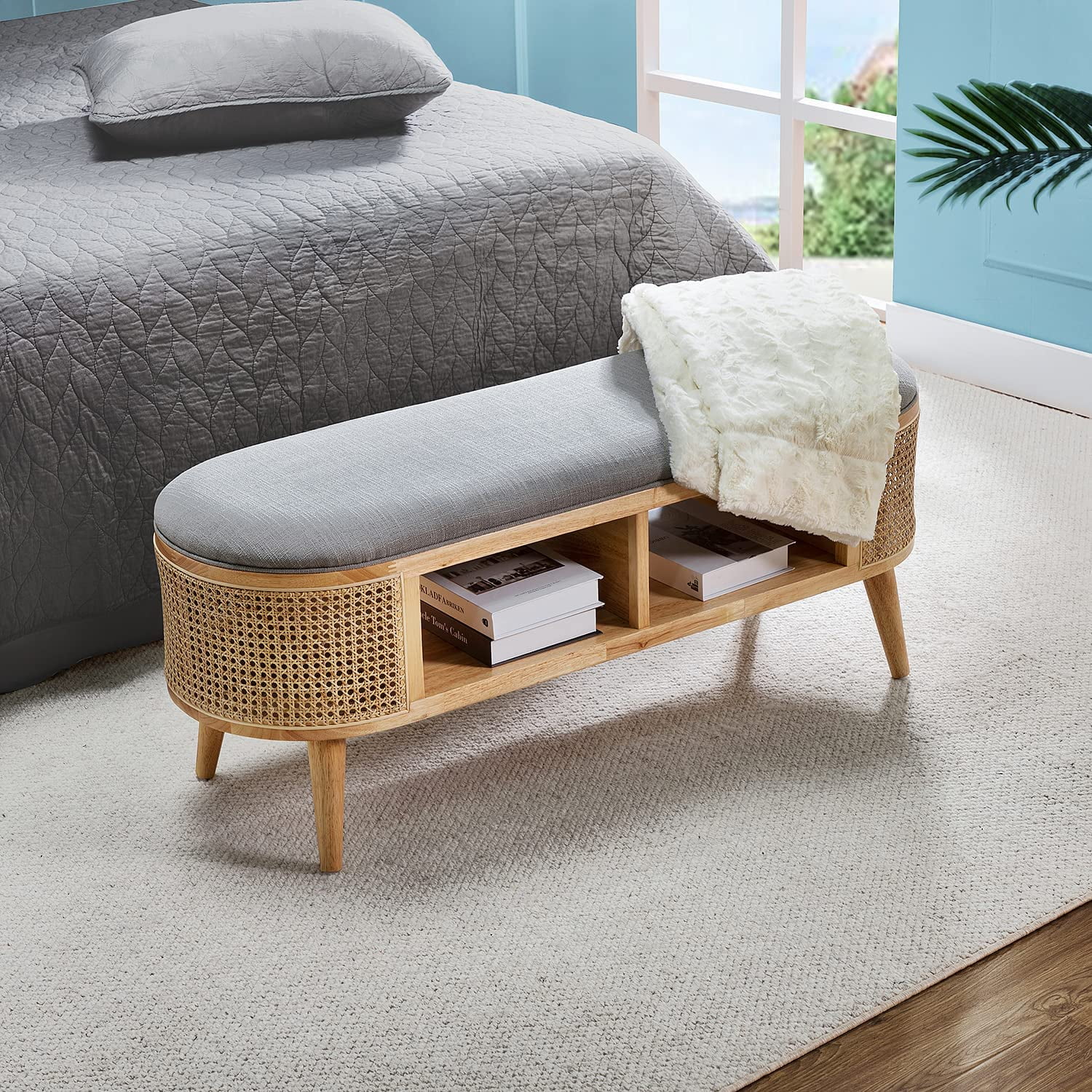 Rattan Bedroom Bench With Wooden Legs, Accent Storage Ottoman Bench