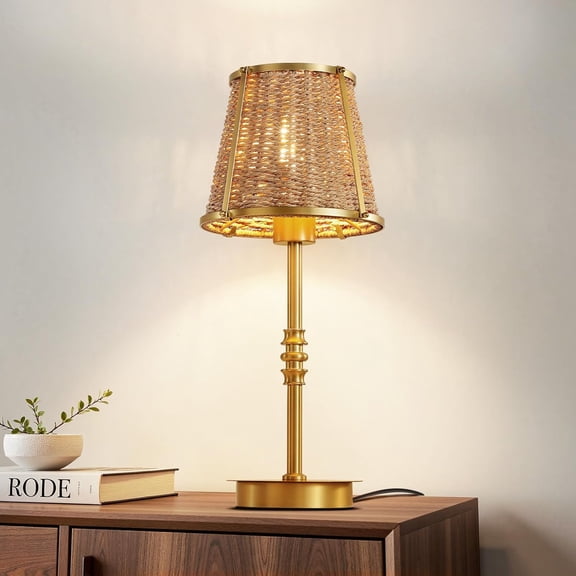 Rattan Bedside Table Lamp for Bedroom, Desk Lamp with Dimming Knob & AC Outlet, 18'' Vintage Nightstand Lamp for Living Room Dorm Office