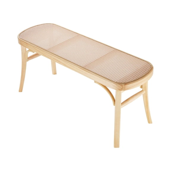 Rattan Bench 43.3", Wooden Entryway Bench with Oak Legs, Boho Bedroom End of Bed Bench, Hand Woven Rattan Living Room Kitchen Furniture