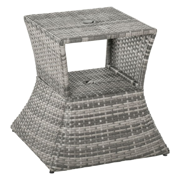 Rattan Bistro Side Table with Umbrella Hole, 2-Tier Outdoor Patio Table, Gray PE Wicker, for Backyard, Deck, or Porch, 21.25" L x 21.25" W