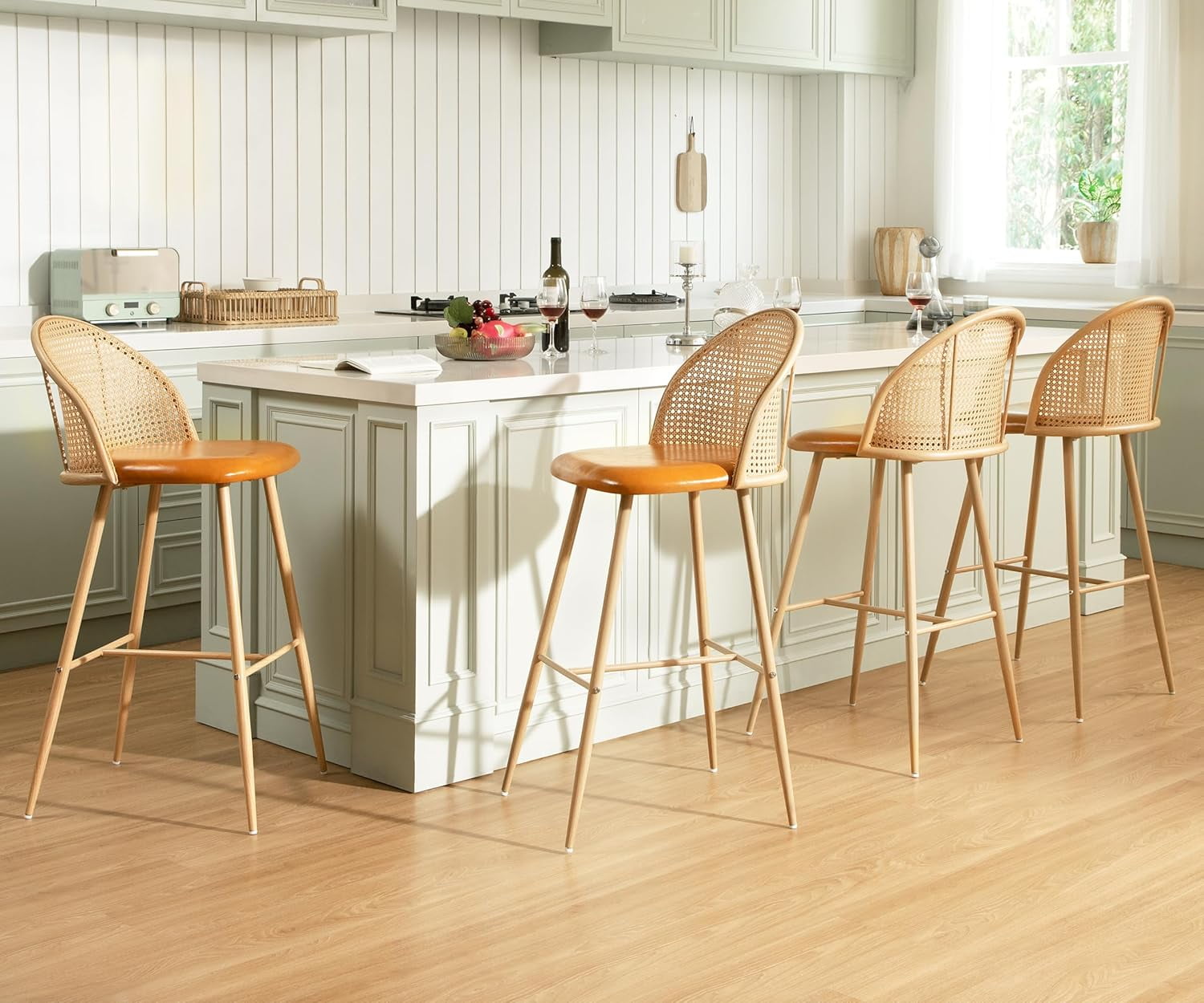 Rattan Black Bar Stools Set of 4, 29" Boho Counter Bar Height Stools ...