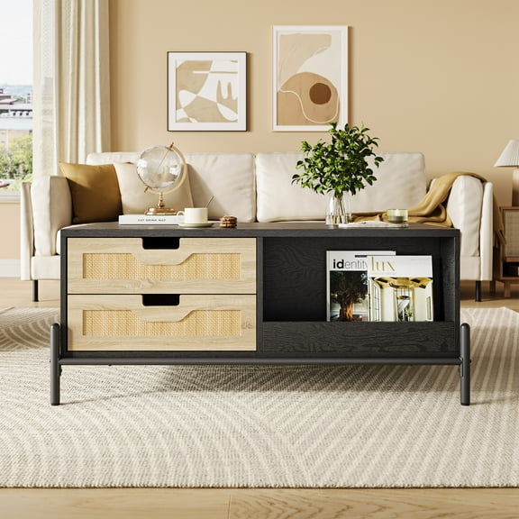 Rattan Black Dressers with Storage, Center Table with 2 Drawers Storage Cabinet and Open Shelf， Boho Coffe Tables of Rectangle End for Apartmentfor Living Room, Bedroom, Apartment