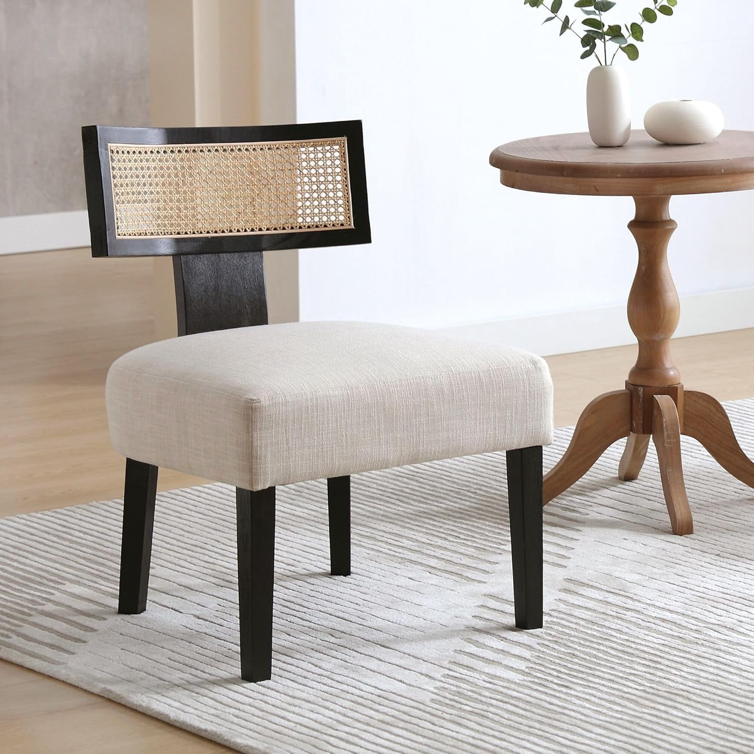 Rattan Boho Accent Chair with Black Wood Frame, Modern Linen ...