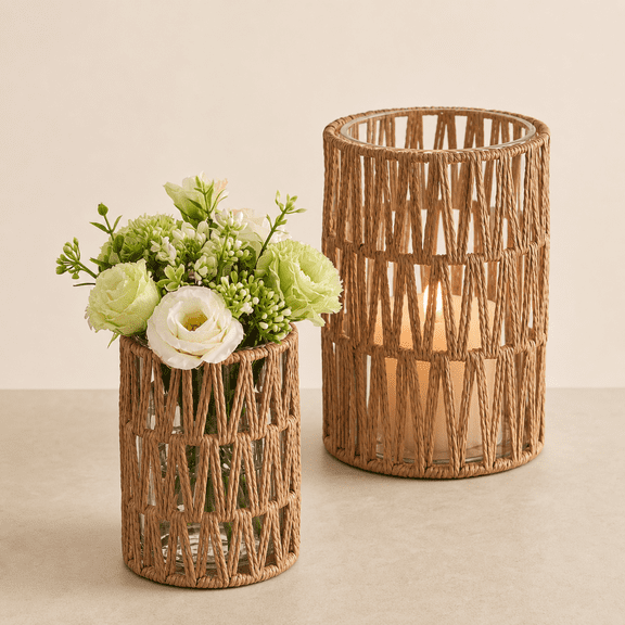 Rattan Boho Hurricane Lantern Candle Holders Set of 2