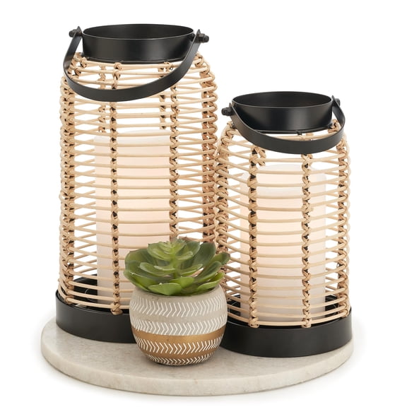 Rattan Boho Lanterns Set of 2 Handcrafted Modern Farmhouse Decor