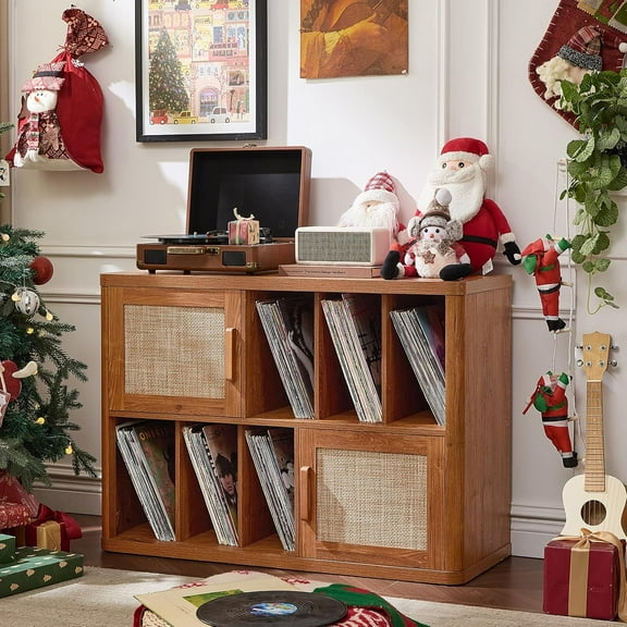 Rattan Boho Large Record Player Stand, Modern Stereo Turntable Table with Record Storage, Vinyl Record Storage Cabinet, Tea Brown
