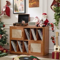 Rattan Boho Large Record Player Stand, Modern Stereo Turntable Table with Record Storage, Vinyl Record Storage Cabinet, Tea Brown