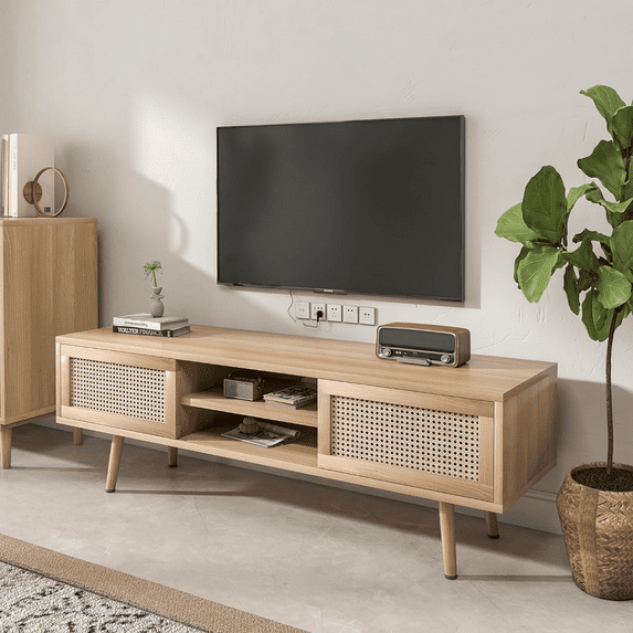 Rattan Boho TV Stand for TVs up to 65", TV Console with Double Sliding Doors & Storage, Living Room
