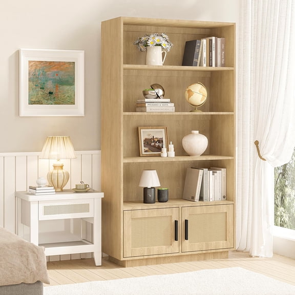 Rattan Boho Tall Bookcase with Doors Storage Shelves, Farmhouse Book Shelf with Wood Rattan Doors, Large Library Bookcase for Living Room Bedroom Home Office Kitchen