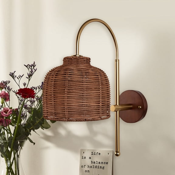 Rattan Boho Wall Sconce Light, Seabrook Elegant Relaxed Ceiling Light, Natural Weaved Ceiling Hanging Light Fixture for Bedroom Bedside Hallway Living Room