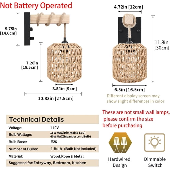 Rattan Boho Wall Sconces Set of Two, Hardwired Hand-Woven Farmhouse Wall Lamps with Wooden Arm & On/Off Dimmable Switch,Large Rustic Indoor Wall Mount Light Fixtures for Bedroom Nursery Bathroom