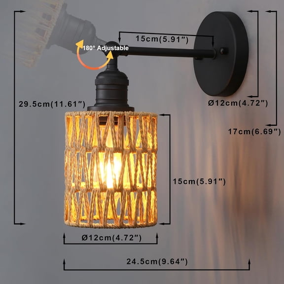 Rattan Boho Wrapped Wall Sconce Light, Indoor Hardwired Hand-Woven Farmhouse Vintage Wall Lamps, Brass Handmade Braided Rope Small Straight Shade Wall Mount Fixture for Reading Hallway(Black)