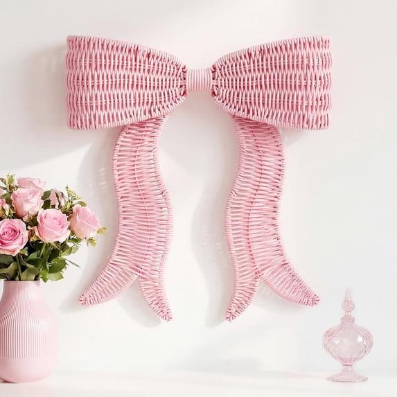 Rattan Bow Wall Decoration Pink Boho Bow Wall Decor Woven Natural Hanging Woven Decor for Nursery Bedroom Home Farmhouse Decorations Weddings Housewarming Gifts