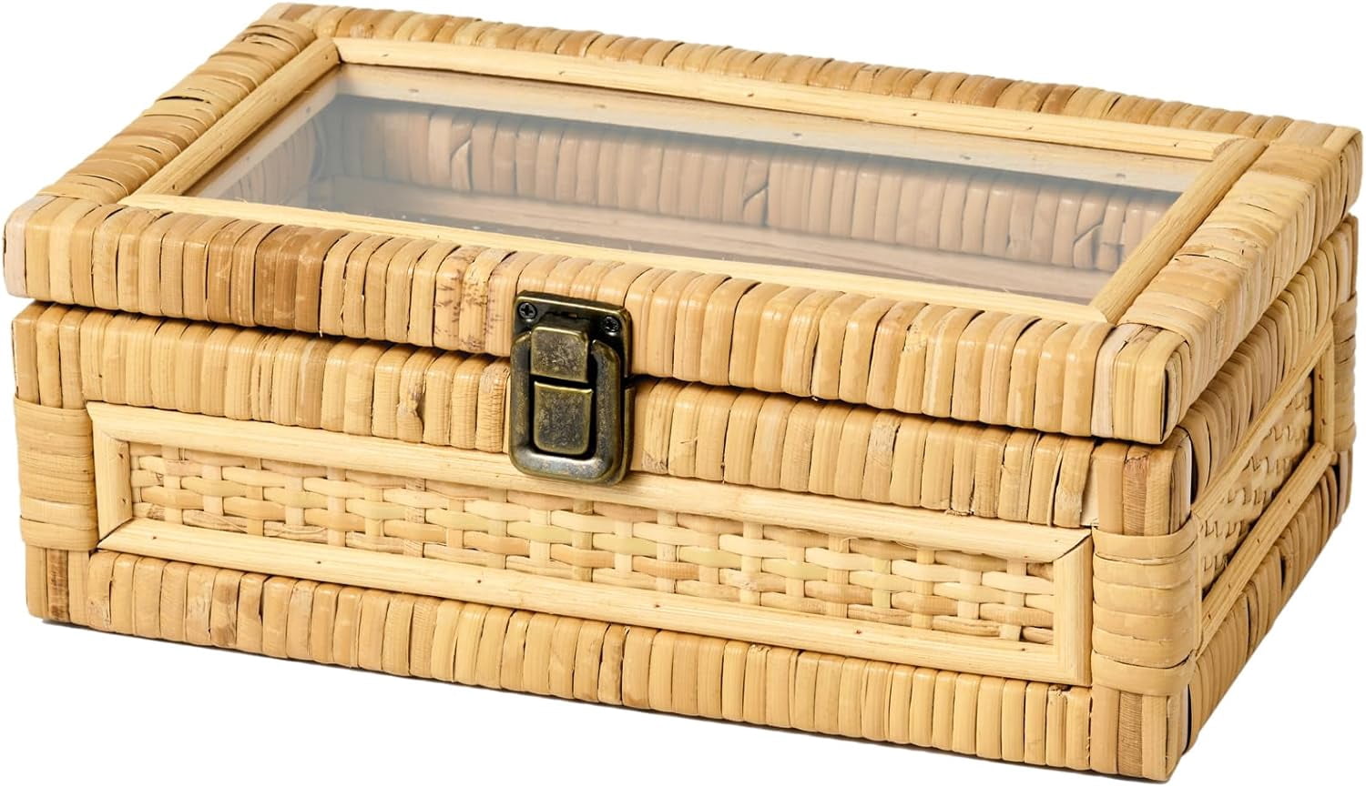 Rattan Box with Clear Lid Wooden Frame Decorative Handmade Boho Woven ...