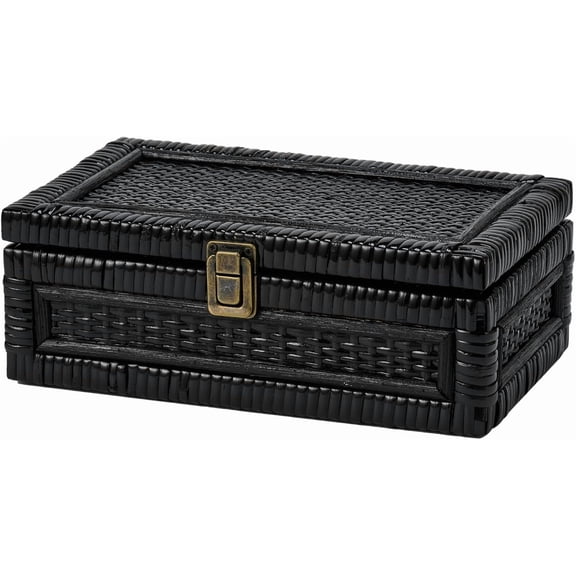 Rattan Box with Lid Decorative Boho Rattan Baskets Woven Wicker Cane Bins Memory Boxes Rectangular Desk Shelf Closet Organizer Container (Black, Small)