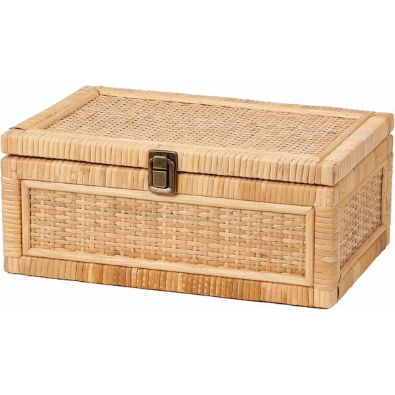 Rattan Box with Lid Decorative Boho Rattan Baskets Woven Wicker Cane Bins Memory Boxes Rectangular Desk Shelf Closet Organizer Container (Large Size)