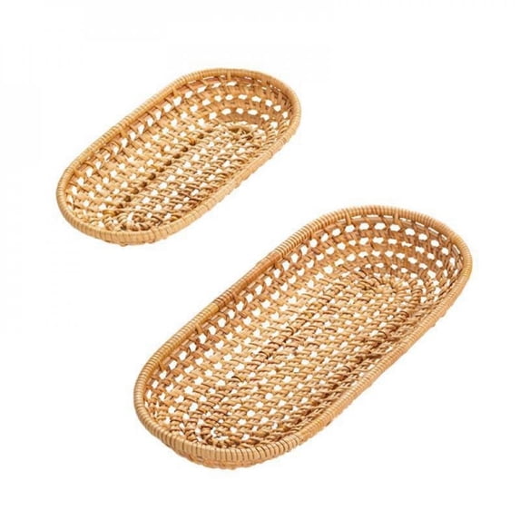 Rattan Bread Basket Oval Hand-Woven Tea Tray Food Serving Platter Fruit Cake Dessert Display Tray for Home Dinner Parties Decor
