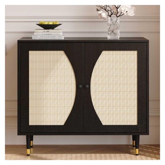 Rattan Buffet Cabinet with Storage, Black Sideboard with Adjustable Shelves, Natural Rattan Door Console Table, Wood Buffet Table for Living Room, Dining Room and Entryway Decor