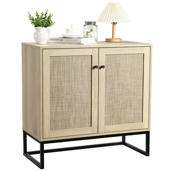 Rattan Buffet Cabinet with Storage, Boho Buffet Table with Adjustable Shelf, Accent Sideboard with Doors, Floor Cabinet for Living Room Entryway, Kitchen, Dining Room