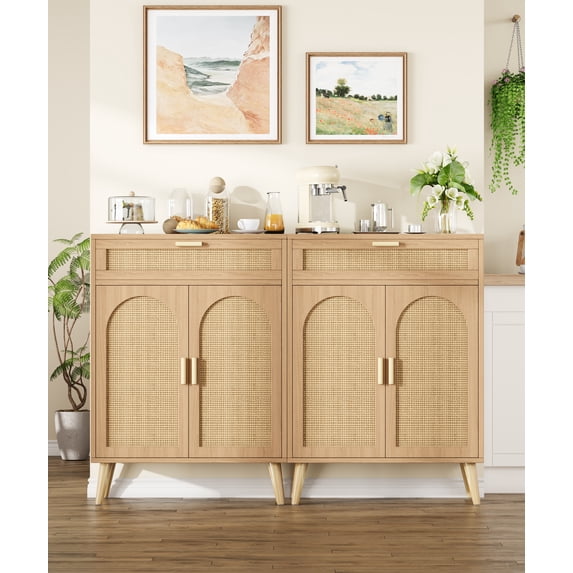 Rattan Buffet Sideboard Cabinet with Storage, Boho Buffet Table with Adjustable Shelf & Doors, Kitchen Floor Storage Cabinet with Drawer, Coffee Bar for Living Room, Dining Room, Entryway, Natural