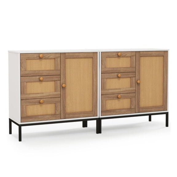 Rattan Buffet Sideboard Cabinet, White Wash - 3 Drawer Storage, Living Room Accent, Modern Farmhouse Style
