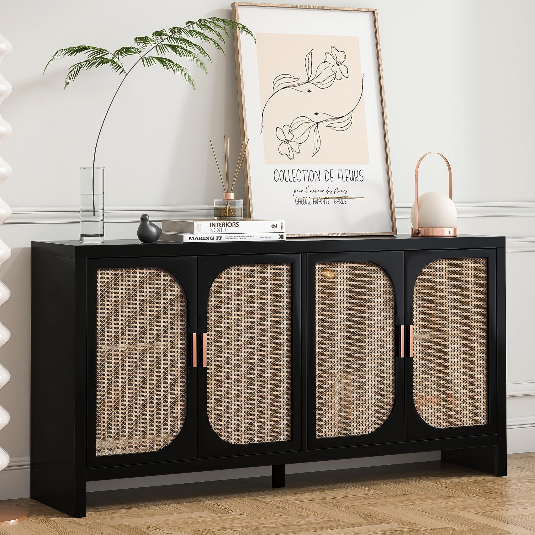 Black Wood Sideboard with Rattan Doors and Shelves