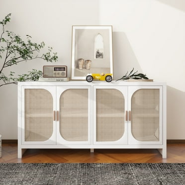 Rattan Buffet Sideboard, Kitchen Console Table with Doors, Rattan Credenza, Accent Cabinet