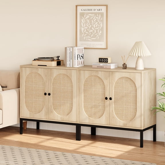 Rattan Buffet Storage Sideboard Cabinet,Freestanding Accent Unit with 4 Oval Rattan Doors & Adjustable Shelves for Dining Room Living Room Entryway