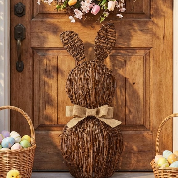 Rattan Bunny with Bow Easter Decor 20" Table Rabbit Easter Decorations Spring Bunnies Decoration Statue Figurine Rattan Bunny Decor for Home Farmhouse Table Kitchen