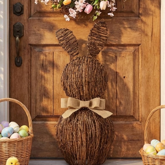 Rattan Bunny with Bow Easter Decor 17.7" Table Rabbit Easter Decorations Spring Summer Bunnies Decoration Statue Figurine Rattan Bunny Decor for Home Farmhouse Table Kitchen