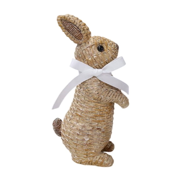 Rattan Bunny,Easter Table Decor,8IN Decorative Resin Easter Bunny Figurine With Woven Rattan Effect And Bow Detail,Rattan Easter Bunny,Easter Decor,Woven Willow Rabbit Figurines(Brown)