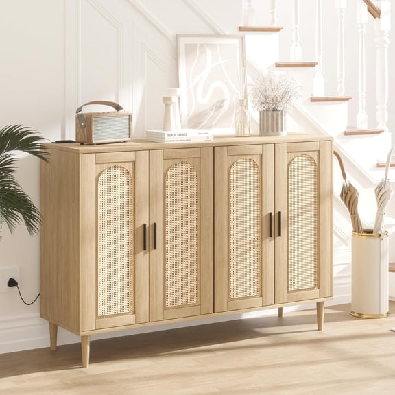 Rattan Cabinet with Power Outlet, Boho Wooden Sideboard Buffet with 4 Doors, Wood Sideboard Cabinet Buffet, Accent Cabinets for Entryway, Hallway, Dining Room, Living Room, Coffee Bar