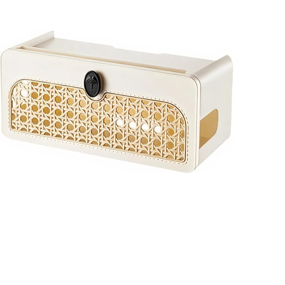 Rattan Cable Management Box, ABS Desktop Cord Organizer, Large Capacity for Power Strip, Charger & Cables, Black & White
