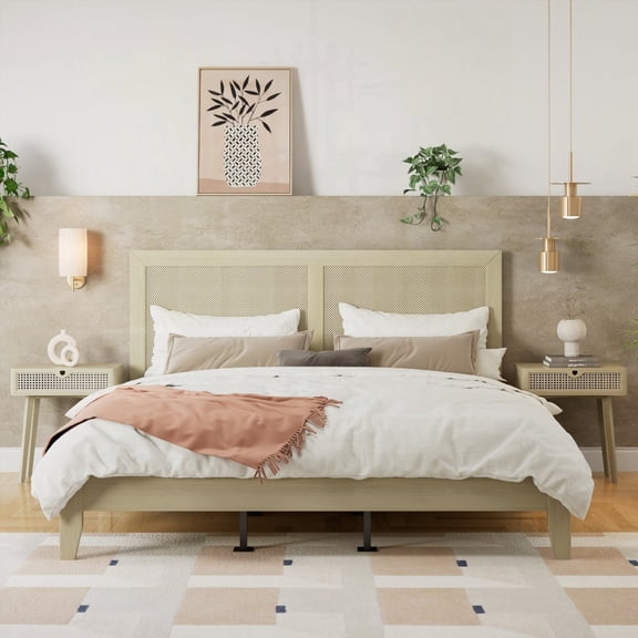Rattan-Canopied Solid Wood King Bed - Versatile Design Featuring a rattan cane headboard on a solid wood frame, this king bed is perfect for bohemian, modern, or coastal styles.