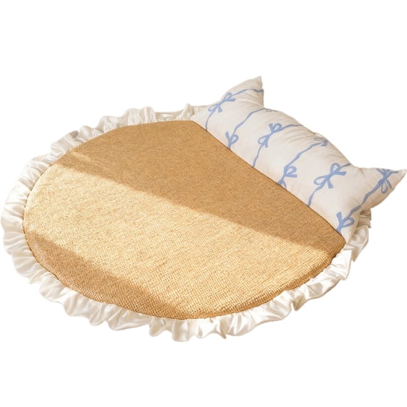 Rattan Cat Cooling Mat with Cat Ear Pillow, Non-Slip Scratch-Resistant Summer Pet Pad, 3 Sizes
