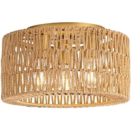Rattan Ceiling Light Fixture, 3 Light Bohemian Modern Woven Ceiling Light, Boho Flush Mount Ceiling Light for Bedroom Living Room Dining Room, Bulb NOT Included