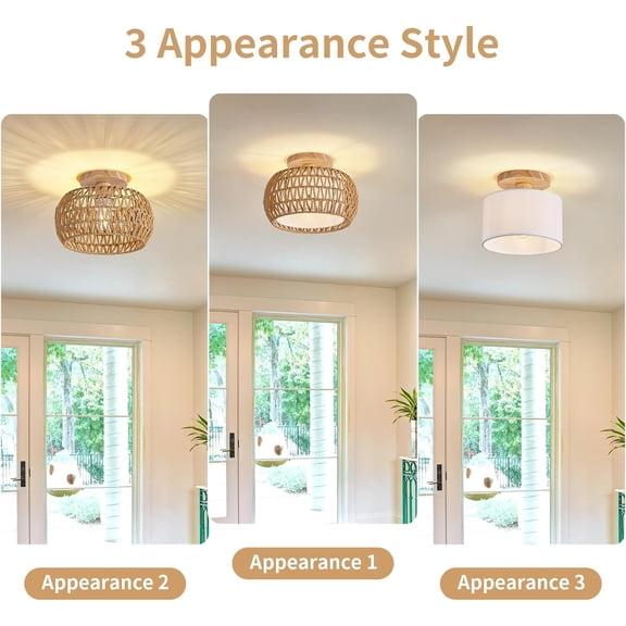 Rattan Ceiling Light Fixture3 Style Options Boho Flush Mount Ceiling Lights, Hand-Woven Rattan Chandelier,Mini Bohemian Wicker Light Fixtures, Farmhouse Light Fixture for Bedroom Hallway Entryway