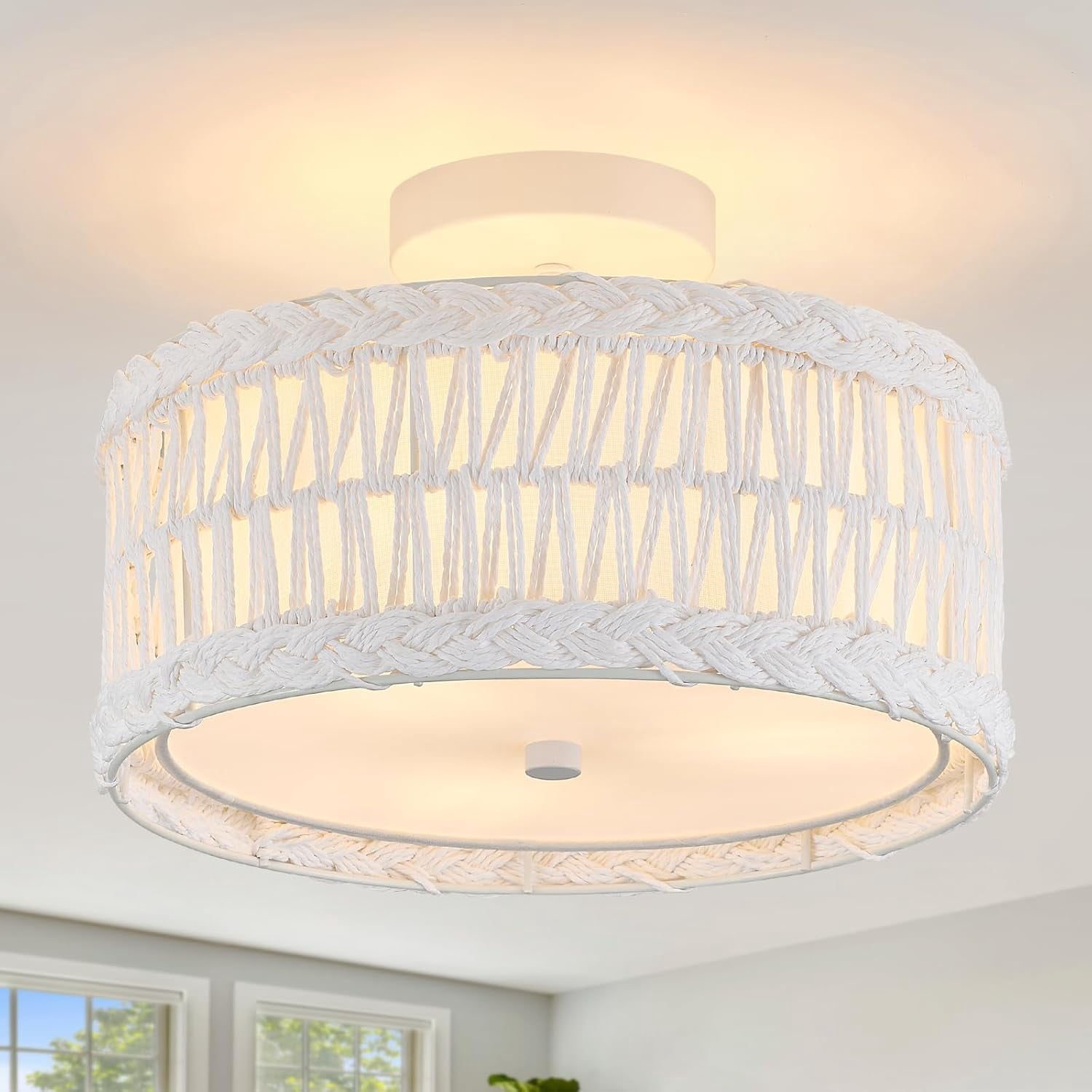 Rattan Ceiling Light Fixtures, Boho Flush Mount Light Fixture Cage 3 ...